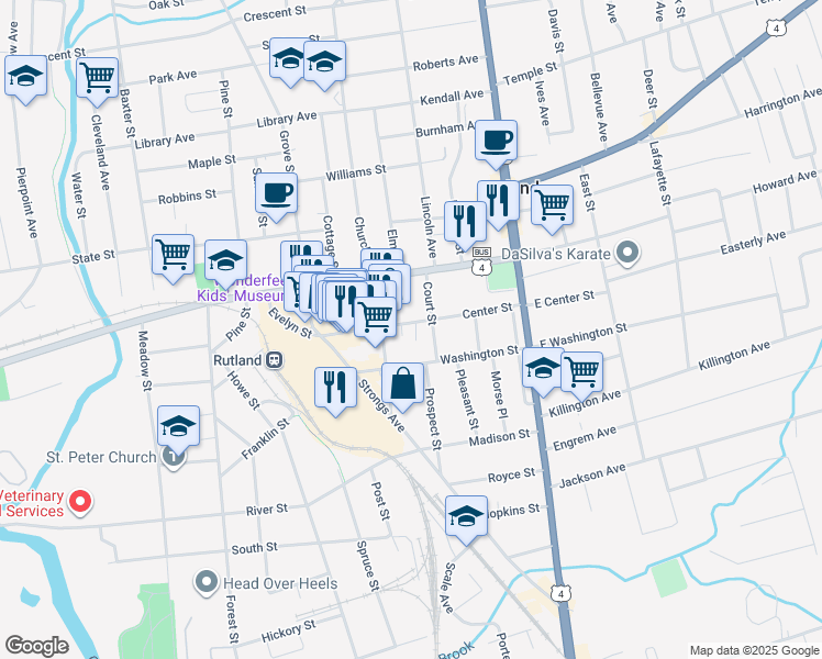 map of restaurants, bars, coffee shops, grocery stores, and more near 78 Center Street in Rutland