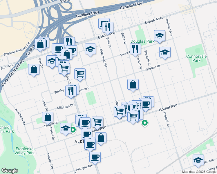 map of restaurants, bars, coffee shops, grocery stores, and more near 216 Aldercrest Road in Toronto