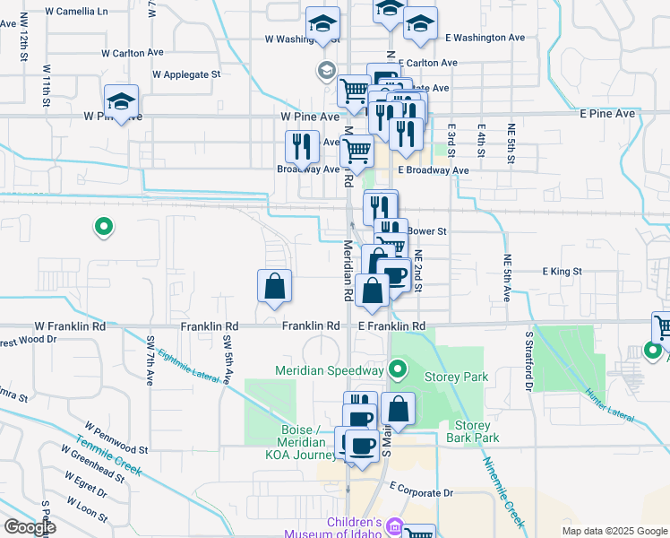 map of restaurants, bars, coffee shops, grocery stores, and more near 311 North Meridian Road in Meridian