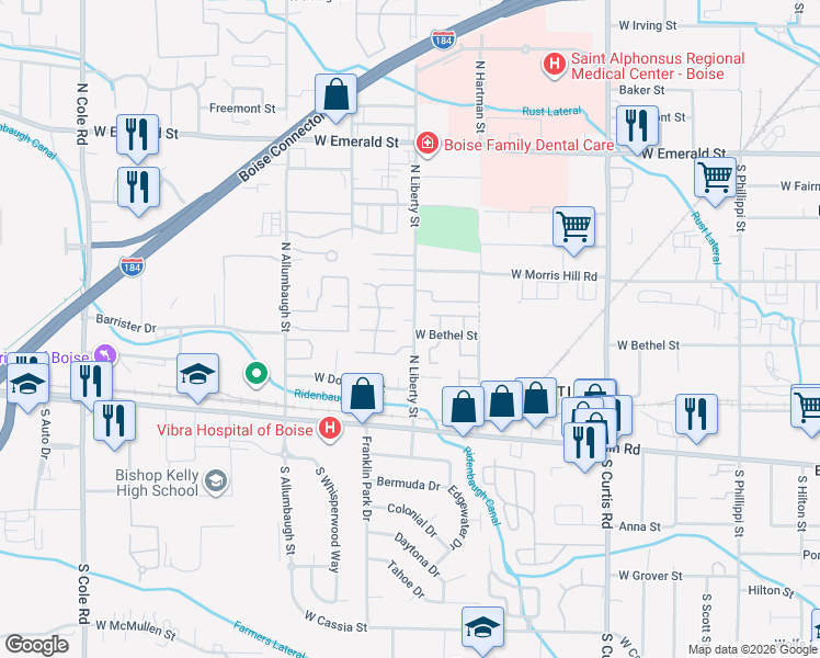 map of restaurants, bars, coffee shops, grocery stores, and more near 195 North Liberty Street in Boise