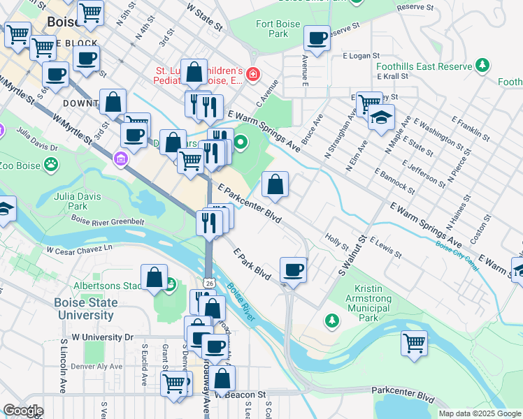 map of restaurants, bars, coffee shops, grocery stores, and more near Morrison Knudsen Plaza Drive in Boise