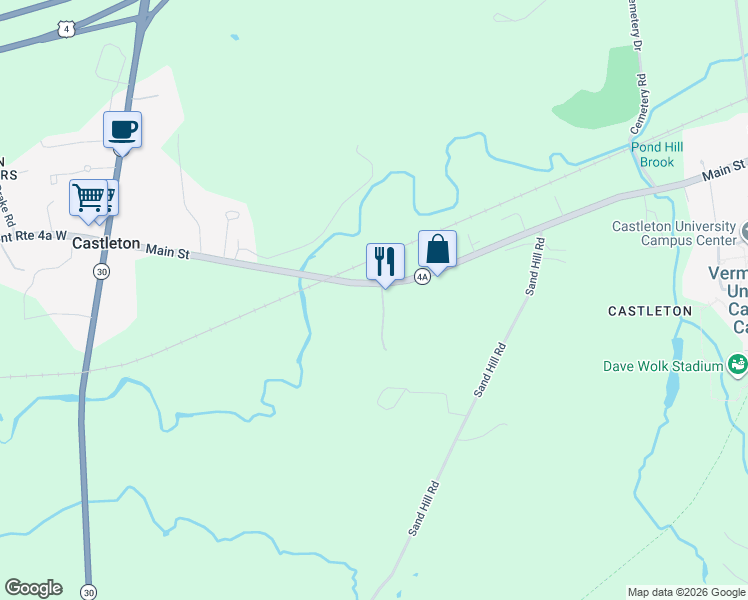 map of restaurants, bars, coffee shops, grocery stores, and more near 1635 Main Street in Castleton