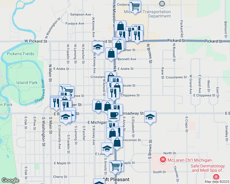 map of restaurants, bars, coffee shops, grocery stores, and more near 316 N Mission St in Mt Pleasant