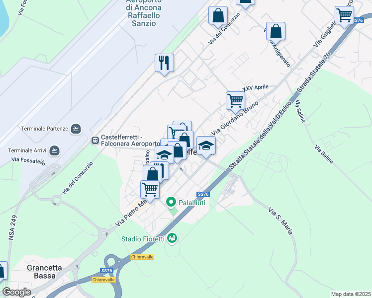 map of restaurants, bars, coffee shops, grocery stores, and more near 12 Via Leonida Bissolati in Falconara Marittima
