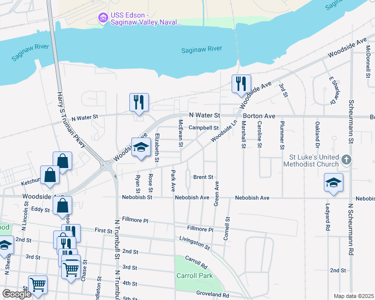 map of restaurants, bars, coffee shops, grocery stores, and more near 105 McEwan Street in Bay City
