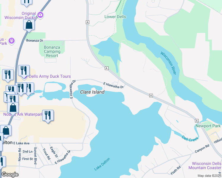 map of restaurants, bars, coffee shops, grocery stores, and more near 1270 East Hiawatha Drive in Wisconsin Dells