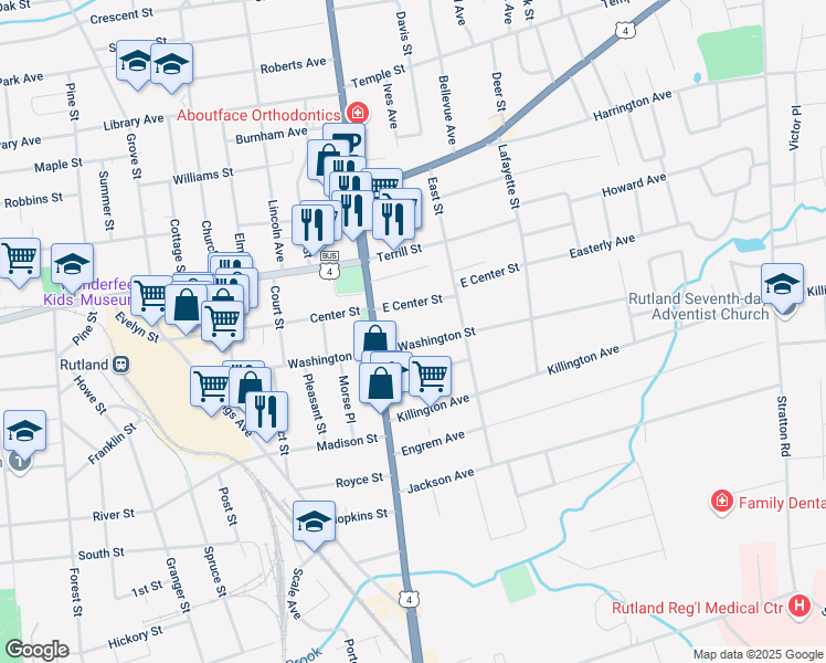 map of restaurants, bars, coffee shops, grocery stores, and more near 11 East Washington Street in Rutland