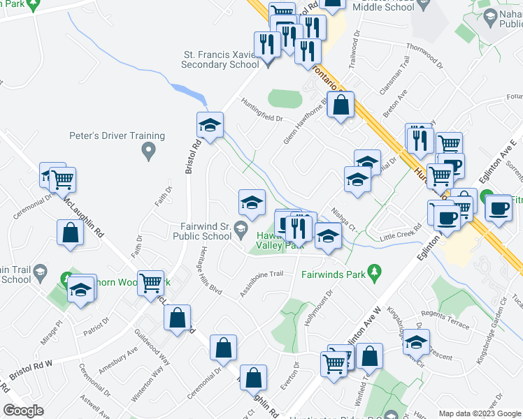 map of restaurants, bars, coffee shops, grocery stores, and more near 5261 Swiftcurrent Trail in Mississauga