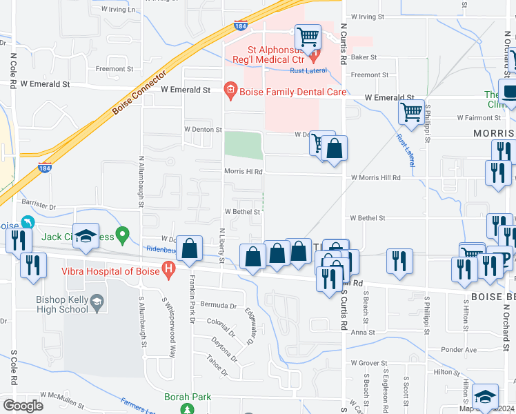 map of restaurants, bars, coffee shops, grocery stores, and more near 214 North Avenger Lane in Boise