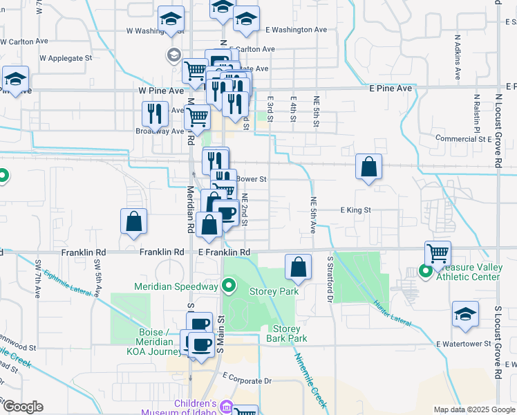map of restaurants, bars, coffee shops, grocery stores, and more near 228 East King Street in Meridian