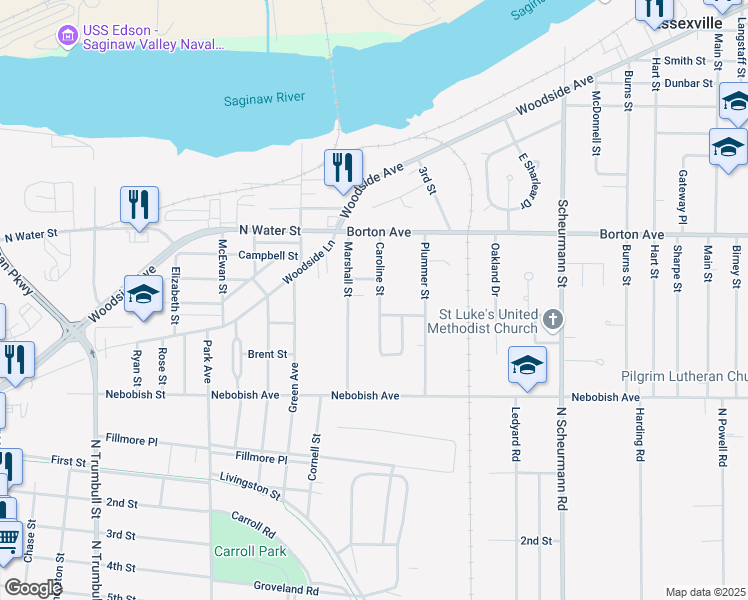map of restaurants, bars, coffee shops, grocery stores, and more near 301 Marshall Street in Essexville