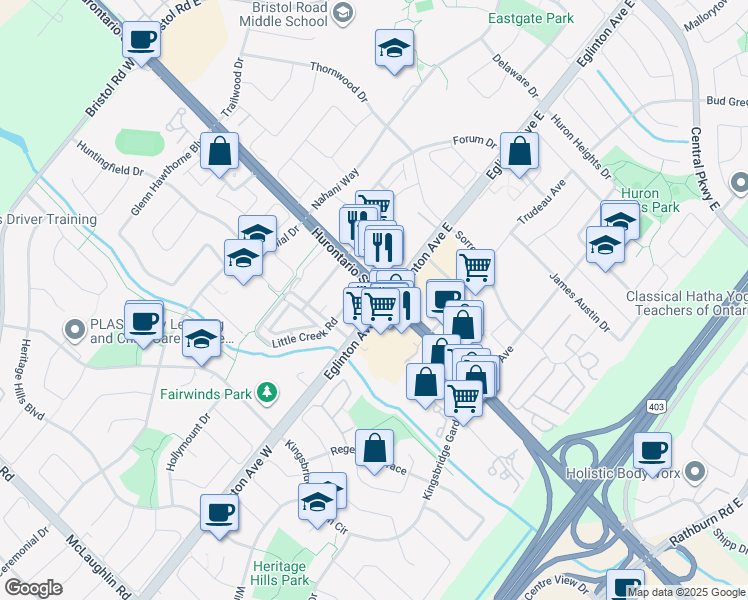 map of restaurants, bars, coffee shops, grocery stores, and more near 5008 Hurontario Street in Mississauga