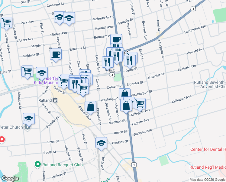 map of restaurants, bars, coffee shops, grocery stores, and more near 17 Washington Street in Rutland