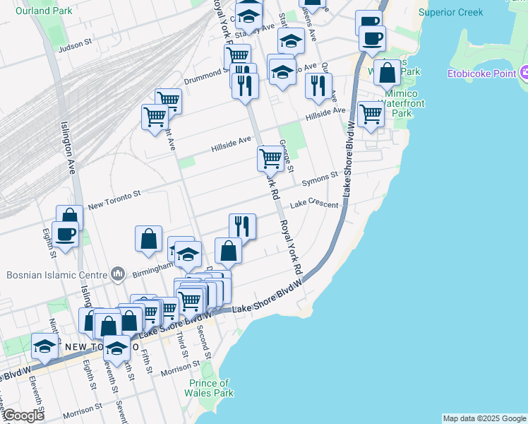 map of restaurants, bars, coffee shops, grocery stores, and more near 68 Lake Crescent in Toronto