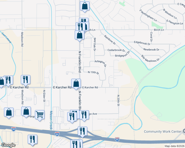 map of restaurants, bars, coffee shops, grocery stores, and more near 7539 Arlington Drive in Nampa