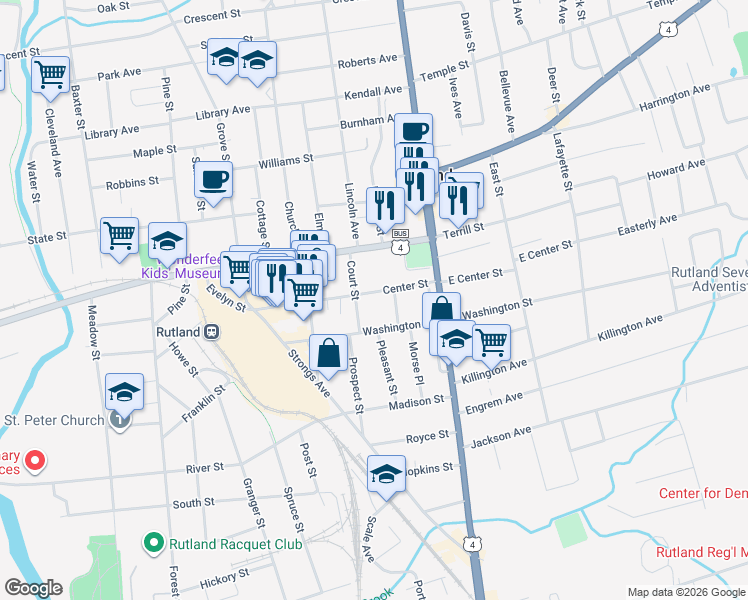 map of restaurants, bars, coffee shops, grocery stores, and more near 88 Center Street in Rutland