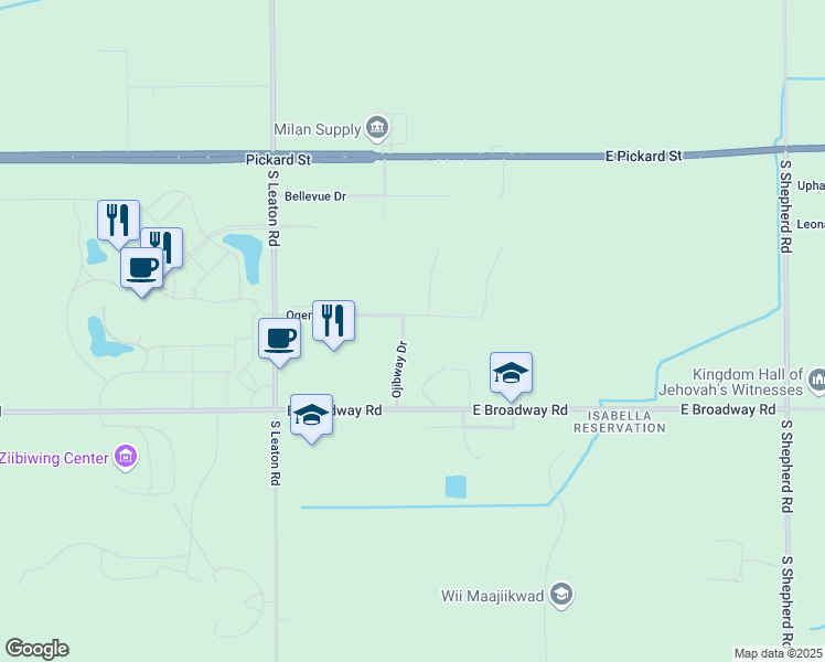 map of restaurants, bars, coffee shops, grocery stores, and more near 2395 Ojibway Drive in Mount Pleasant