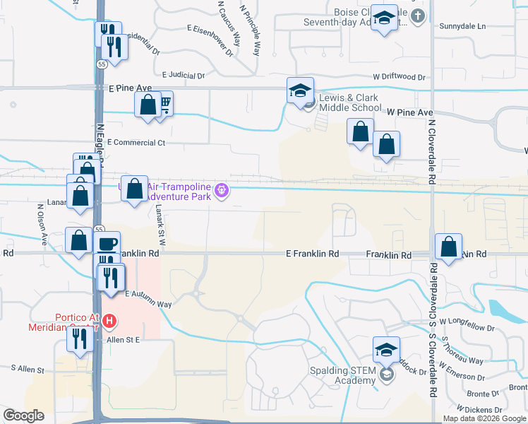 map of restaurants, bars, coffee shops, grocery stores, and more near 3083 East Lanark Street in Meridian