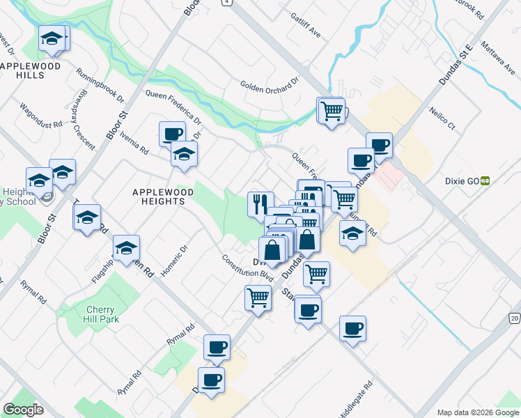 map of restaurants, bars, coffee shops, grocery stores, and more near 52 Arena Road in Mississauga