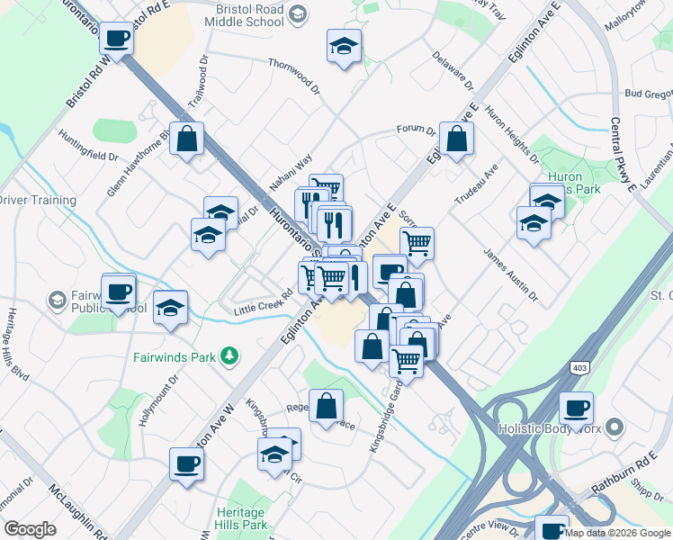 map of restaurants, bars, coffee shops, grocery stores, and more near 55 Eglinton Avenue East in Mississauga