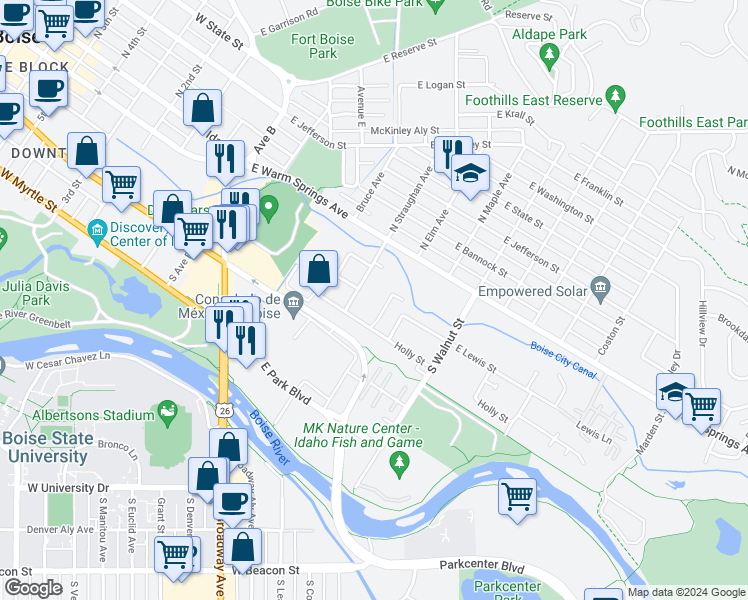 map of restaurants, bars, coffee shops, grocery stores, and more near 300 South Straughan Avenue in Boise