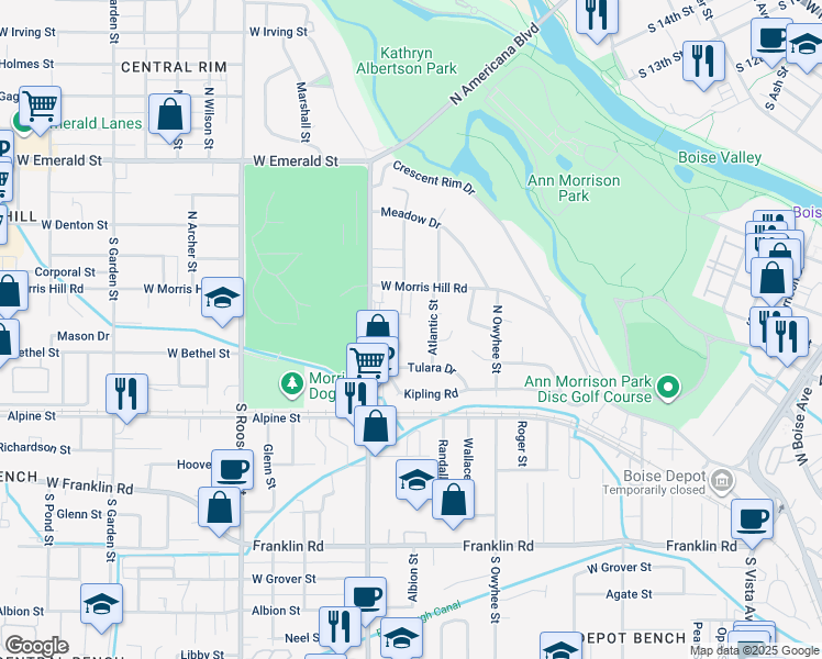 map of restaurants, bars, coffee shops, grocery stores, and more near 250 North Latah Street in Boise
