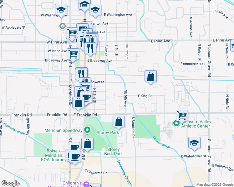 map of restaurants, bars, coffee shops, grocery stores, and more near 265 East 5th Avenue in Meridian