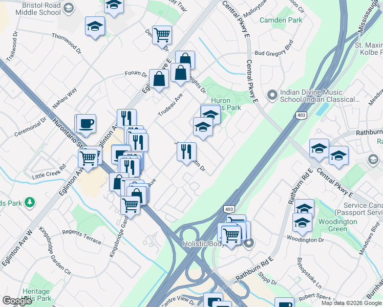 map of restaurants, bars, coffee shops, grocery stores, and more near 4849 James Austin Drive in Mississauga