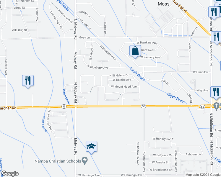 map of restaurants, bars, coffee shops, grocery stores, and more near 11745 West Mount Hood Avenue in Nampa