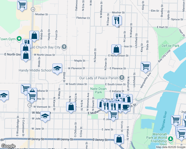map of restaurants, bars, coffee shops, grocery stores, and more near 106 East Clara Street in Bay City
