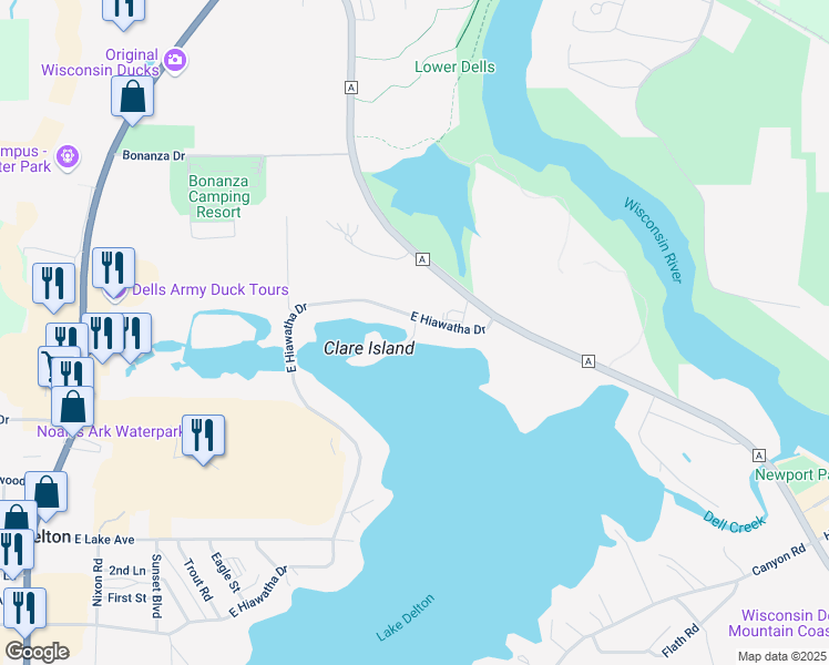 map of restaurants, bars, coffee shops, grocery stores, and more near 1270 East Hiawatha Drive in Wisconsin Dells