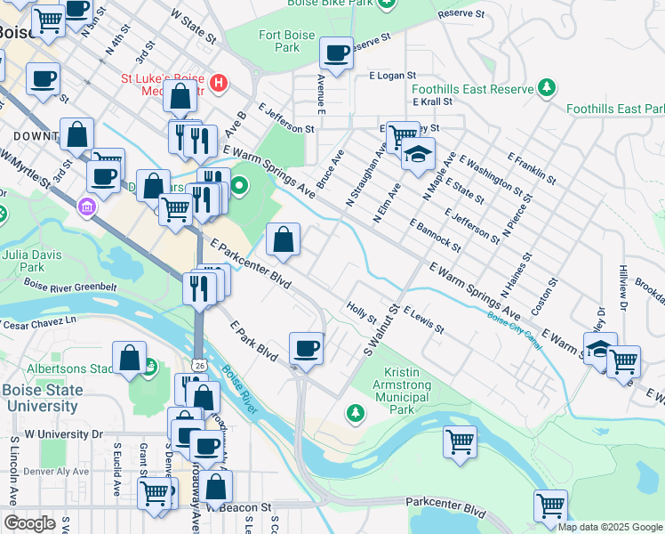 map of restaurants, bars, coffee shops, grocery stores, and more near 300 South Straughan Avenue in Boise