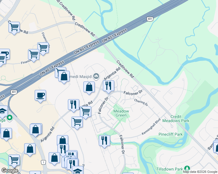 map of restaurants, bars, coffee shops, grocery stores, and more near 6650 Falconer Drive in Mississauga