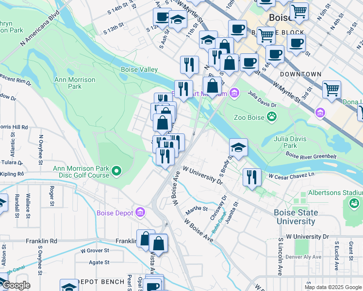 map of restaurants, bars, coffee shops, grocery stores, and more near 1121 South Capitol Boulevard in Boise