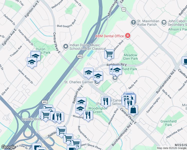 map of restaurants, bars, coffee shops, grocery stores, and more near 350 Rathburn Road East in Mississauga