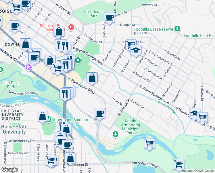 map of restaurants, bars, coffee shops, grocery stores, and more near 300 South Straughan Avenue in Boise