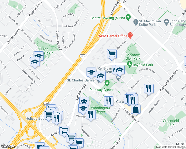 map of restaurants, bars, coffee shops, grocery stores, and more near 339 Rathburn Road East in Mississauga