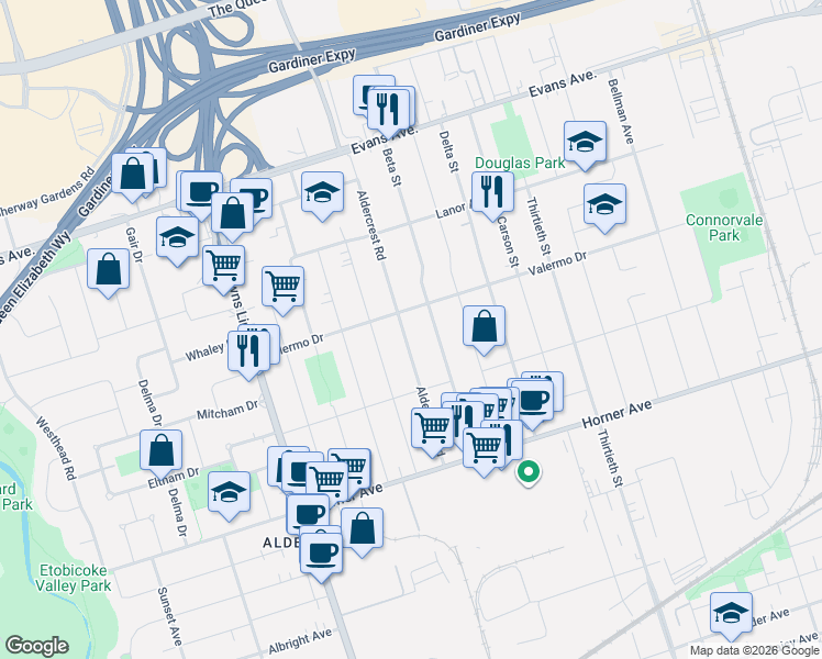 map of restaurants, bars, coffee shops, grocery stores, and more near 217A Aldercrest Road in Toronto