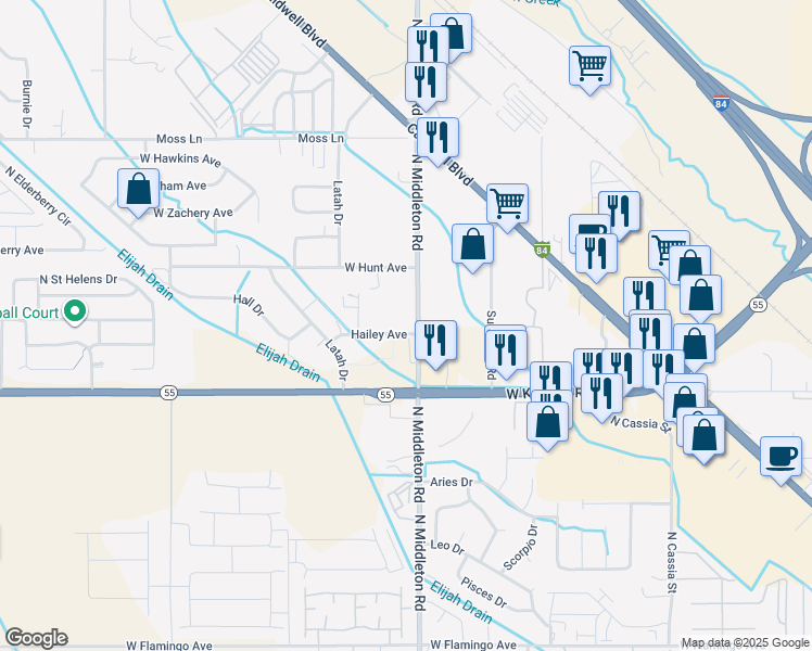 map of restaurants, bars, coffee shops, grocery stores, and more near 2501 North Middleton Road in Nampa
