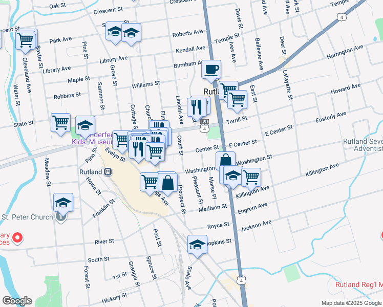 map of restaurants, bars, coffee shops, grocery stores, and more near 88 Center Street in Rutland