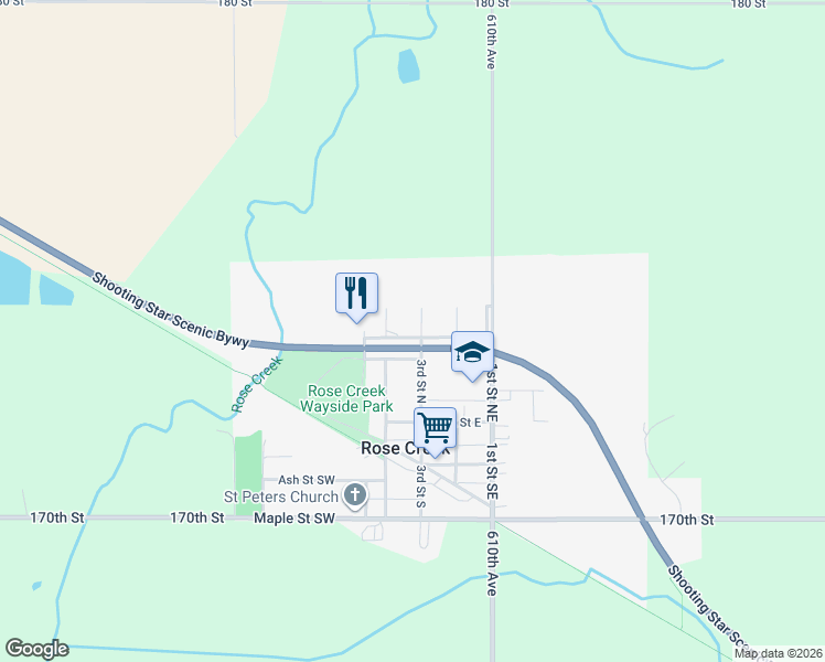 map of restaurants, bars, coffee shops, grocery stores, and more near 100 Thill Drive West in Rose Creek