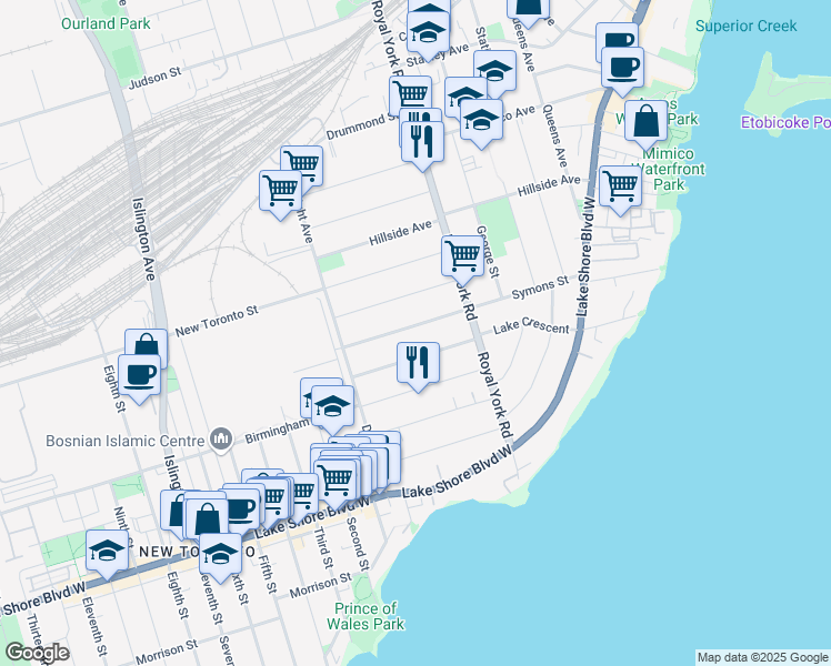 map of restaurants, bars, coffee shops, grocery stores, and more near 131 Symons Street in Toronto
