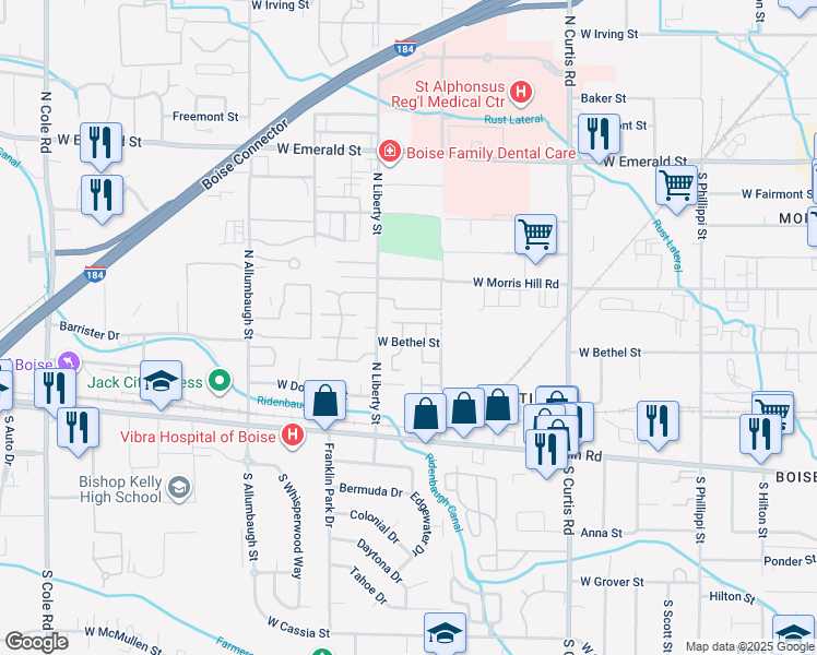 map of restaurants, bars, coffee shops, grocery stores, and more near 211 North Sea Fury Lane in Boise