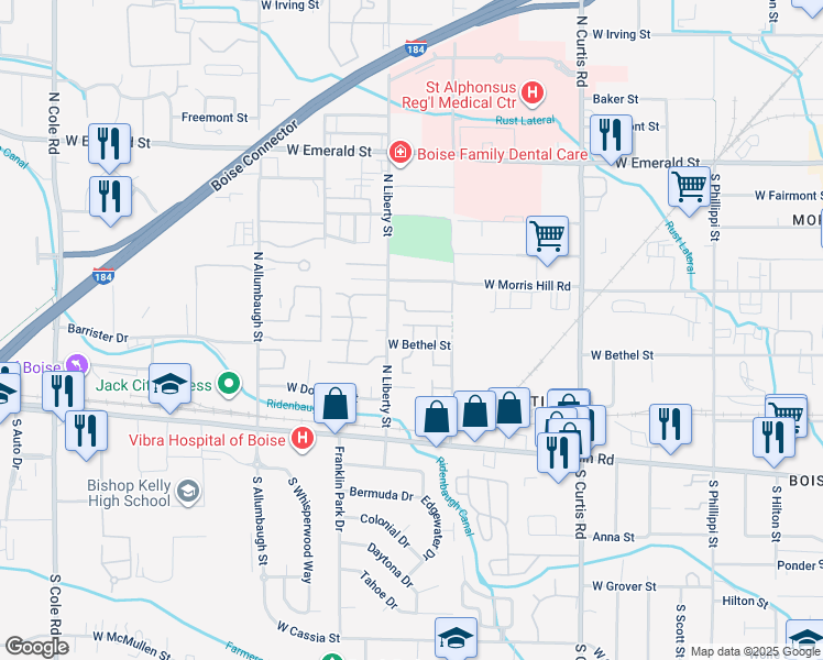 map of restaurants, bars, coffee shops, grocery stores, and more near 211 North Sea Fury Lane in Boise