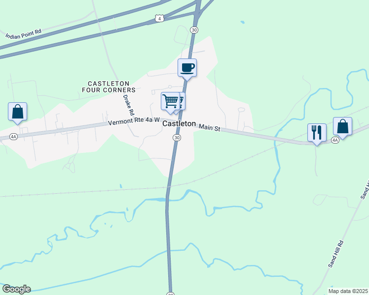 map of restaurants, bars, coffee shops, grocery stores, and more near 143 Vermont 30 in Castleton