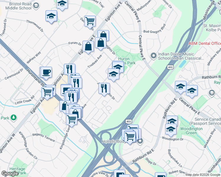 map of restaurants, bars, coffee shops, grocery stores, and more near 4820 Yorkshire Avenue in Mississauga