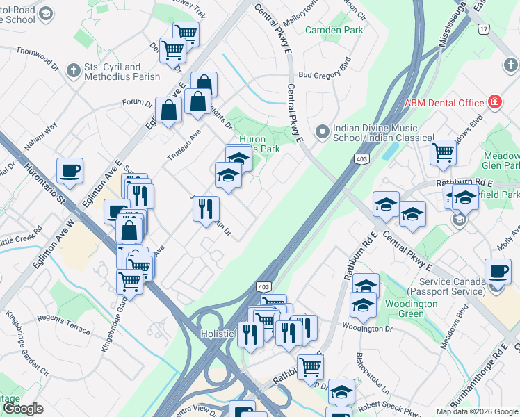 map of restaurants, bars, coffee shops, grocery stores, and more near 4733 James Austin Drive in Mississauga