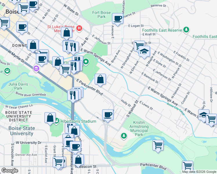 map of restaurants, bars, coffee shops, grocery stores, and more near 333 South Straughan Avenue in Boise
