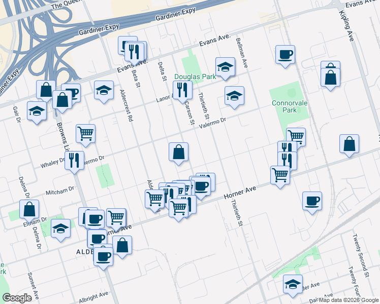 map of restaurants, bars, coffee shops, grocery stores, and more near in Toronto