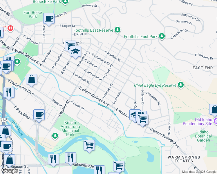 map of restaurants, bars, coffee shops, grocery stores, and more near 1321 East Jefferson Street in Boise